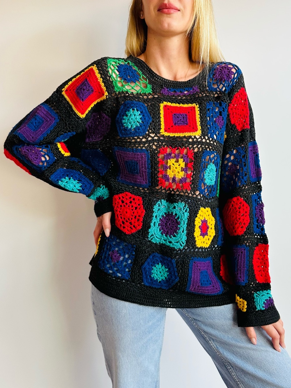 Vintage Chaus Sport Crochet Granny Square Multicolor Boho Knit Sweater Top